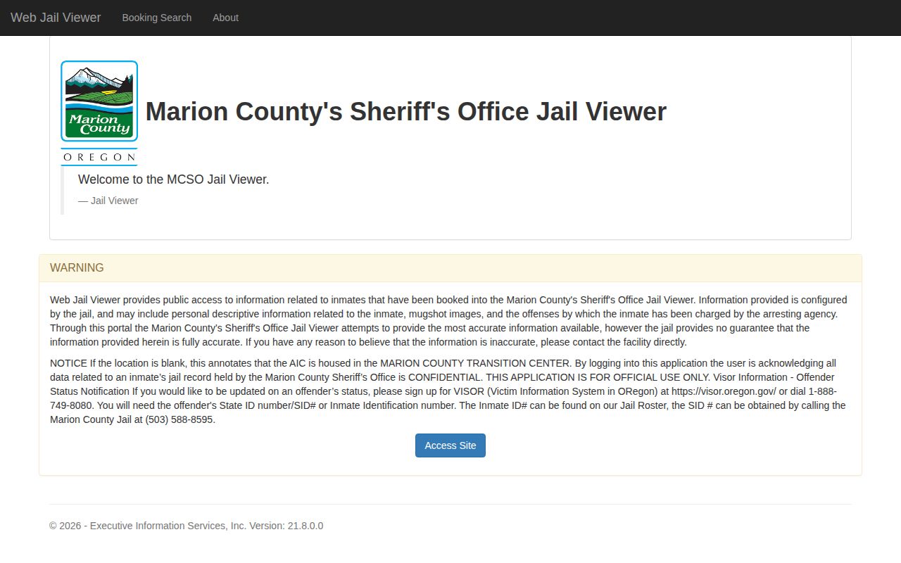 Marion County Jail Viewer landing page and custody warning