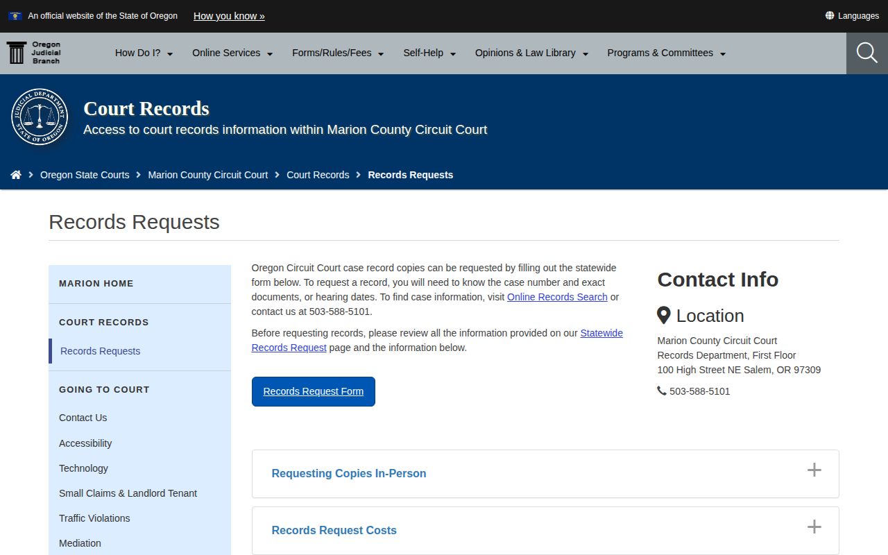 Marion County Circuit Court records request options and costs